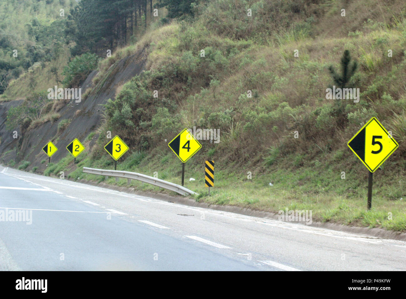 SÃO PAULO, SP - 18.08.2015: PLACAS DE SINALIZAÇÃO EM RUAS E ESTRADAS - Imagens de placas de proibido ultrapassar, travessia de animais, área Escolar, velocidade Máxima, Boa Viagem, Limite de Municipio, números. (Foto: Aloisio Mauricio/Fotoarena) Stockfoto