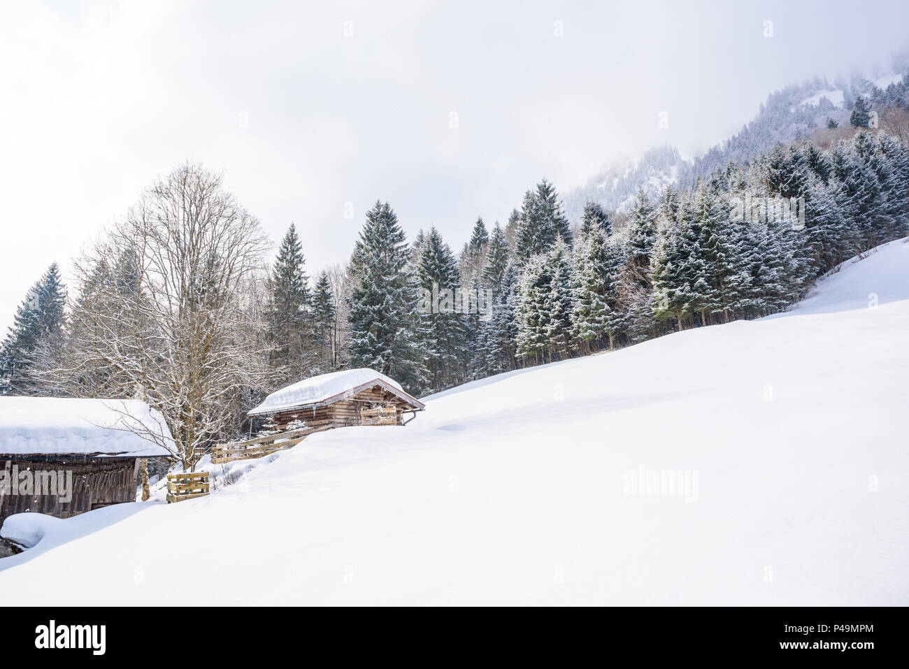 Schöne Winterlandschaft in den deutschen Alpen bei Oberstdorf, Allgäu, Bayern, Deutschland Stockfoto