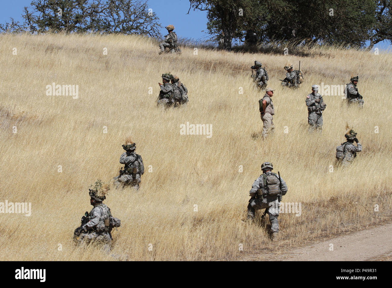 Charlie Company Soldaten vom 1. Bataillon des Guam Army National Guard, 294 Infanterie Regiment, Surround Beobachter, Coaches und Trainer (ÜLG), bevor er einen Hügel im Camp Roberts, Kalifornien, während der 2016 exportierbar Combat Training (XCTC) Übung. (U.S. Army National Guard Foto: Staff Sgt. Eddie Siguenza) Stockfoto