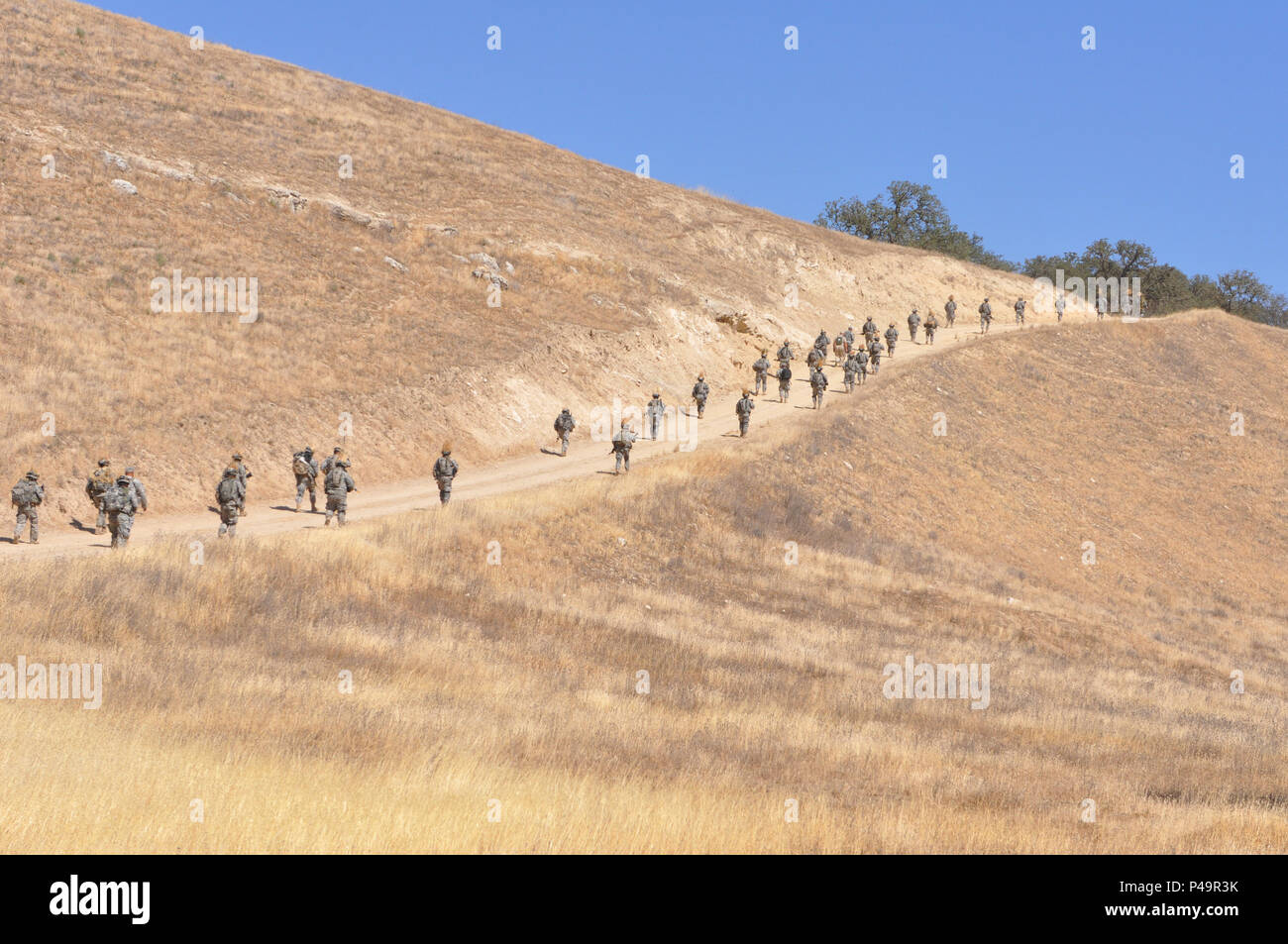 Ein platoon Alpha Company, 1.BATAILLON, 294 Infanterie Regiment, Guam Army National Guard, erstreckt sich seine Mitglieder und die Leiter in die Berge während der 2016 exportierbar Combat Training (XCTC) Übung 12. Juni im Camp Roberts, Kalifornien. (U.S. Army National Guard Foto/Staff Sgt. Eddie Siguenza) Stockfoto