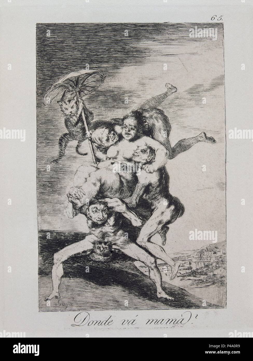 Die Launen, Platte 65. "Wo ist Mama? (Dónde va Mamá?)", 1799, Radierung, Aquatinta und brüniert Burin auf Bütten, 21 x 16,2 cm. Autor: Francisco de Goya (1746-1828). Lage: Biblioteca Nacional - COLECCION, MADRID, SPANIEN. Stockfoto