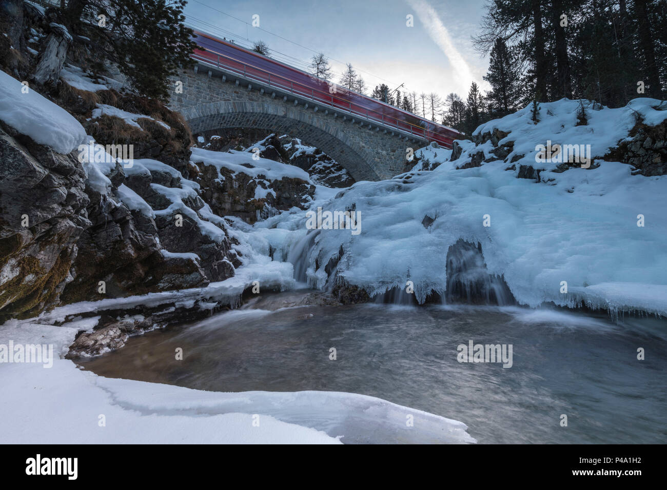 Bernina Express Zug, Morteratsch, Engadin, Kanton Graubünden, Schweiz Stockfoto