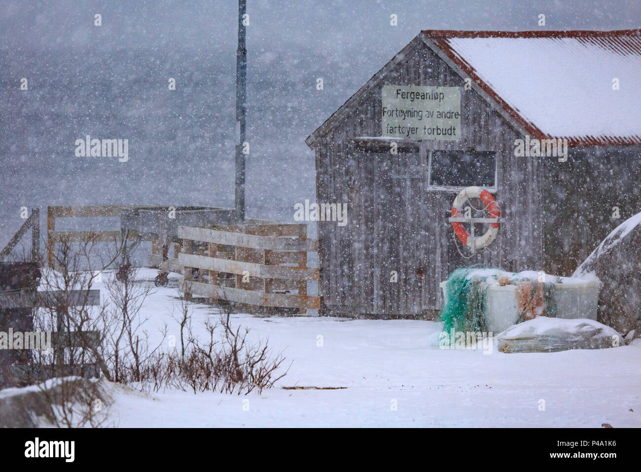 Angeln Kabine auf Mefjordbotn unter starker Schneefall, Troms, senja, Nordland, Norwegen, Europa Stockfoto