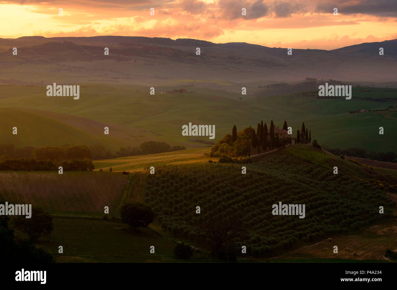 Podere Belvedere, San Quirico d'Orcia Provinz Siena, Toskana, Italien. Sonnenaufgang über dem Bauernhaus und die Hügel. Stockfoto