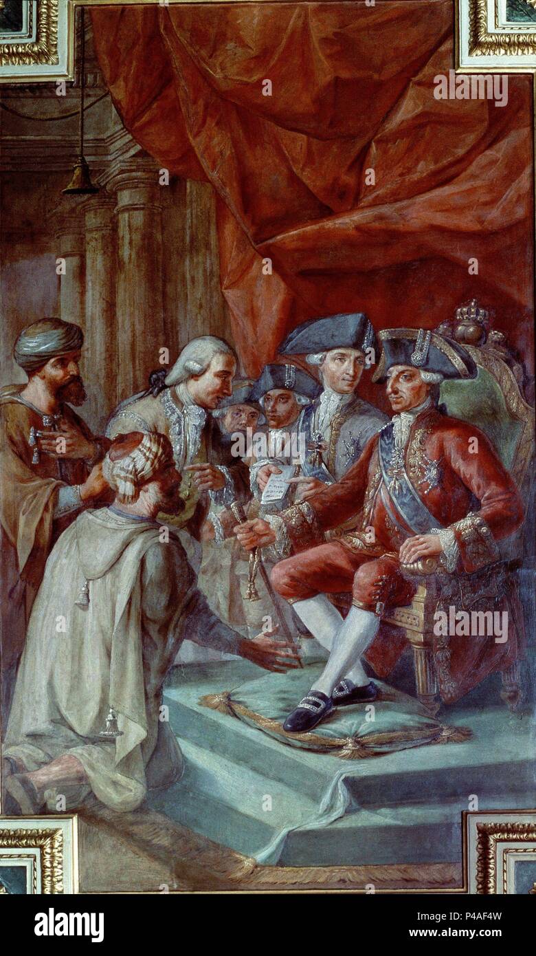 CARLOS III HACE LA PAZ CON EMBAJADOR DE LIBANO. Autor: Pedro Pablo Montaña (d. 1803). Lage: DELEGACION DE REGIERUNG, BARCELONA, SPANIEN. Stockfoto