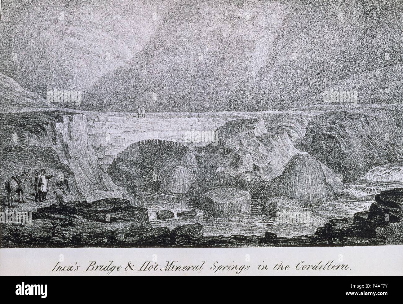 VIAJES POR CHILE Y LA PLATA - Puente del Inca - AGUAS TERMALES EN LA CORDILLERA - GRABADO SIGLO XIX. Autor: MIERS JOHN. Ort: ACADEMIA DE LA HISTORIA - COLECCION, MADRID, SPANIEN. Stockfoto