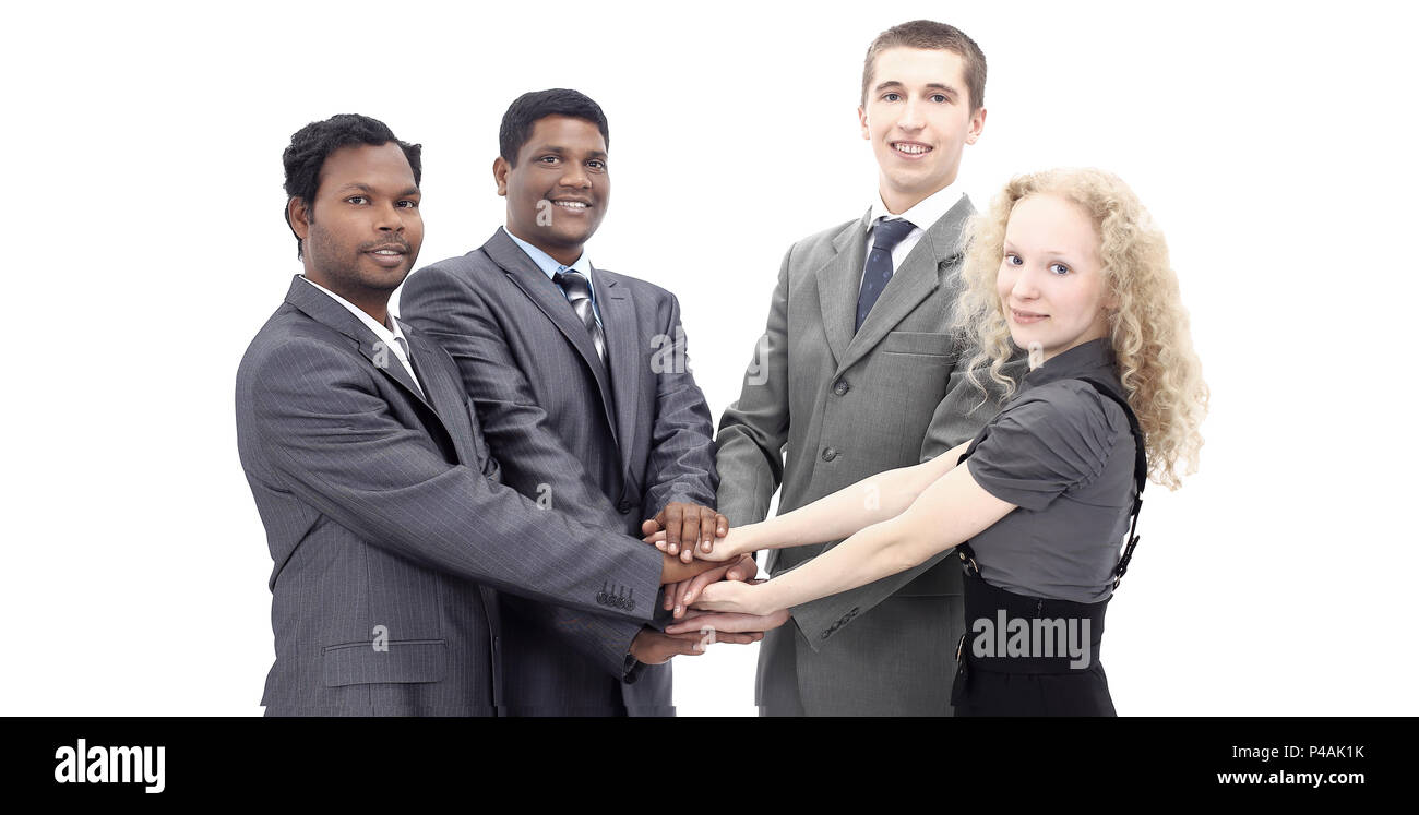 Business Team zeigt seine Einheit mit gefalteten Händen zusammen. auf weißem Hintergrund Stockfoto