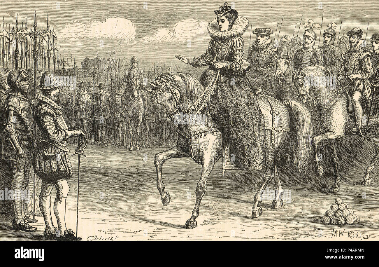Queen Elizabeth I Inspektion Truppen in Tilbury, Essex, 8. August 1588 Stockfoto