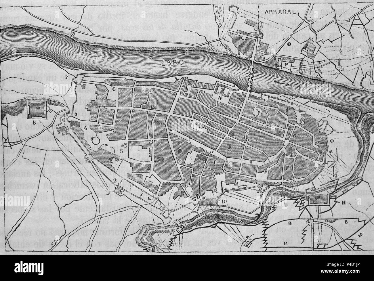 PLANO DE LOS SITIOS DE ZARAGOZA EN LA GUERRA INDEPENDENCIA. Stockfoto