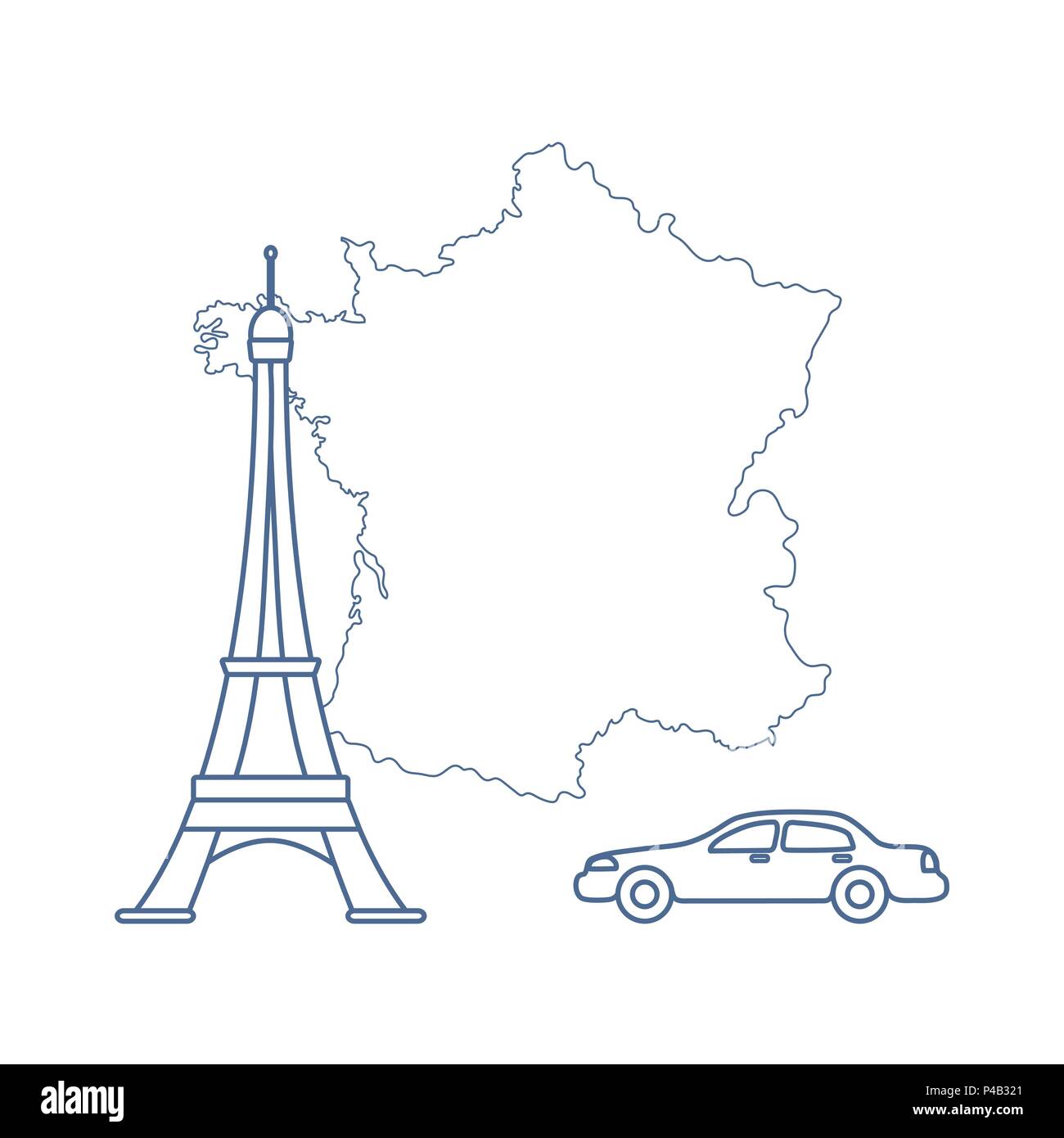 Karte von Frankreich, berühmten Turm von Paris, Auto. Reisen und Freizeit. Stock Vektor