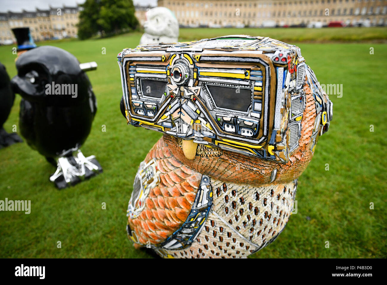 Minerva's Eulen von Badewanne Skulptur, betitelt "igitOwl', einer von 85 eingerichtete Eulen, die Teil einer Art Trail, die um die Stadt nimmt für drei Monate ab Juni 25, 2018. Stockfoto
