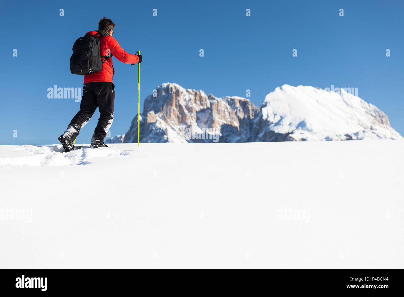 Ein Wanderer ist Wandern mit Schneeschuhen auf der Seiseralm mit Langkofel und Plattkofel im Hintergrund, Provinz Bozen, Südtirol, Trentino Alto Adige, Italien Stockfoto