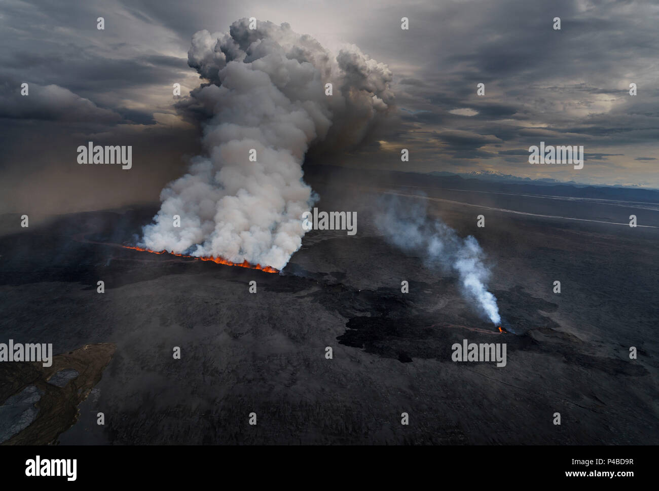 Lava und Federn aus dem Holuhraun Riss von der Bardarbunga Vulkan, Island. Sept. 1, 2014 Luftbild der Eruption am Holuhraun Riss von der Bardarbunga Vulkan, Island. Blick nach Süden Osten mit der Kverkfjoll Bergkette in der Ferne. Staubstürme ergeben sich aus der Hurrikan Cristobal im Südatlantik. Am 29. August 2014, ein Riss Eruption in Holuhraun am nördlichen Ende der Magma eindringen, das nach Norden gezogen hatte begonnen, von der Bardarbunga Vulkan. Ist ein stratovulkan Bardarbunga unter dem Vatnajökull, Islands größten Gletscher entfernt. Stockfoto