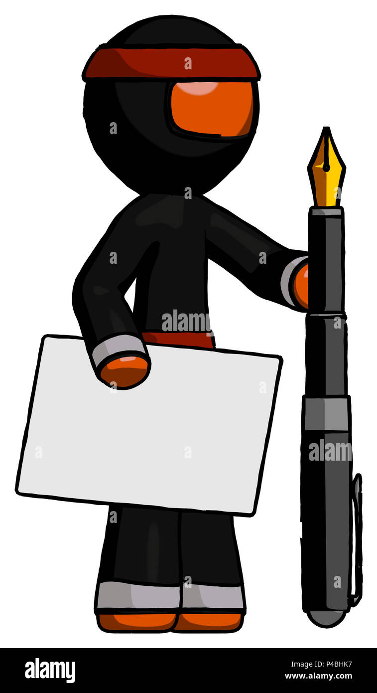 Orange ninja Mann mit großen Umschlag und Kalligraphie Stift. Stockfoto