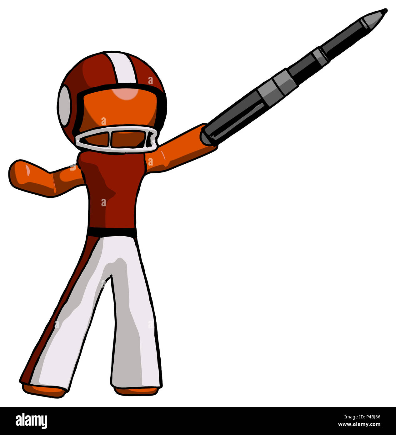 Orange Fußballspieler Mensch zeigt, ja, die Feder mächtiger ist. Stockfoto