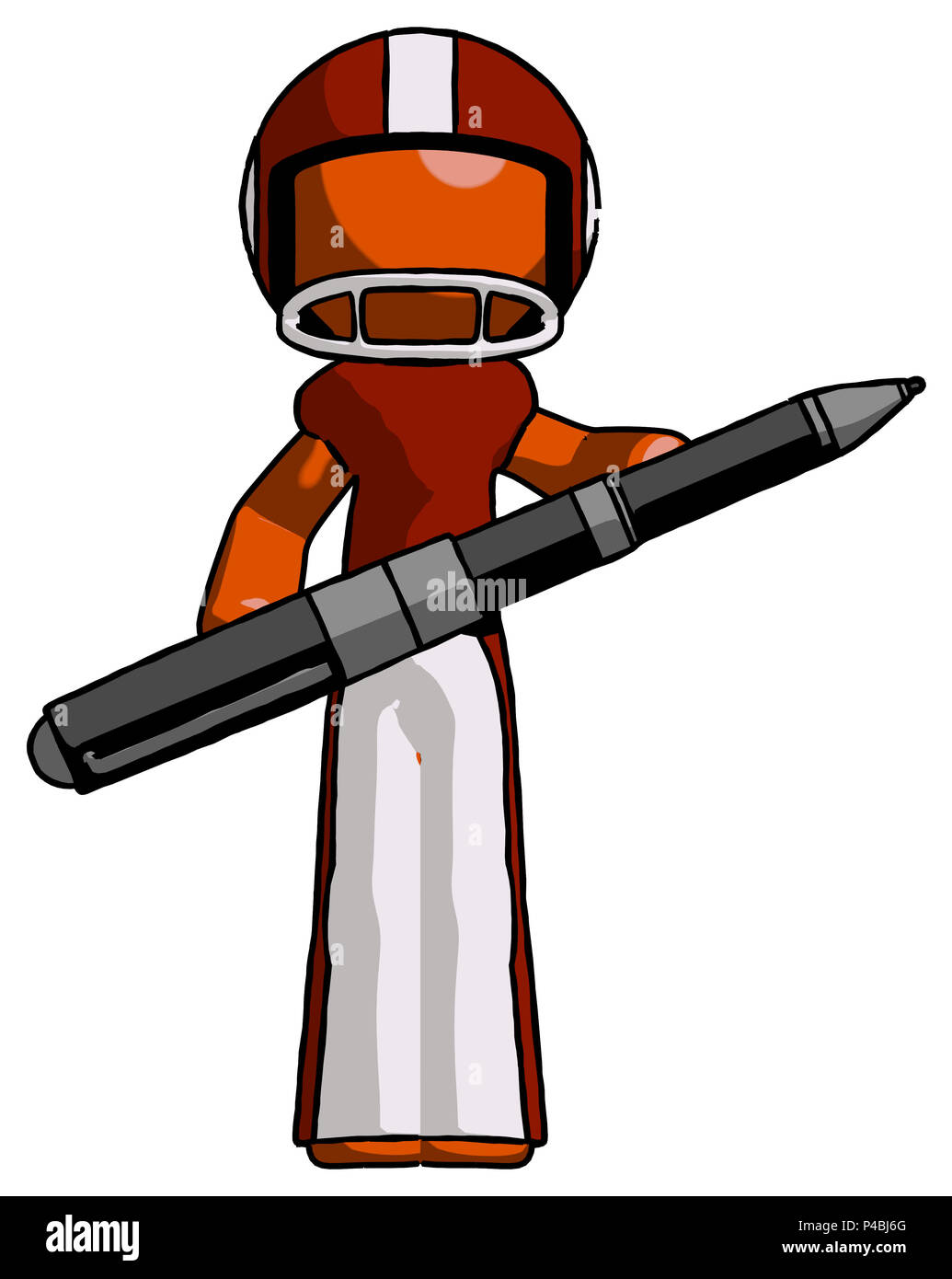 Orange Fußballspieler man selbstbewusst und mit riesigen pen Posing hoffentlich bereit Giant prüfen zu unterzeichnen. Stockfoto