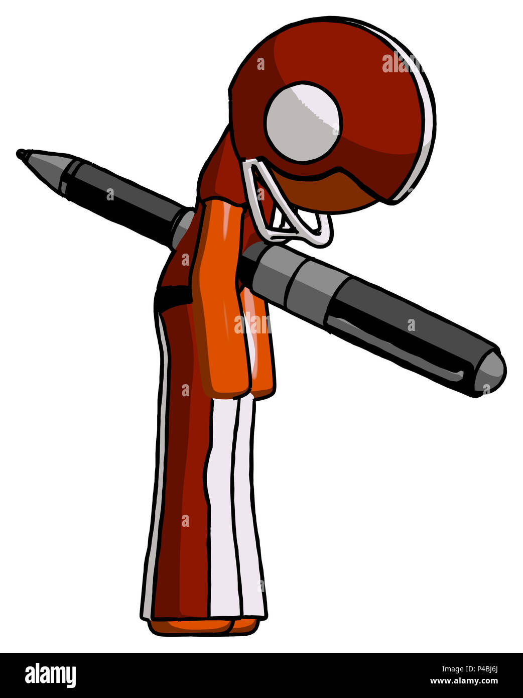 Orange Fußballspieler Mann aufgespießt durch die Brust mit einem riesigen Pen. Stockfoto