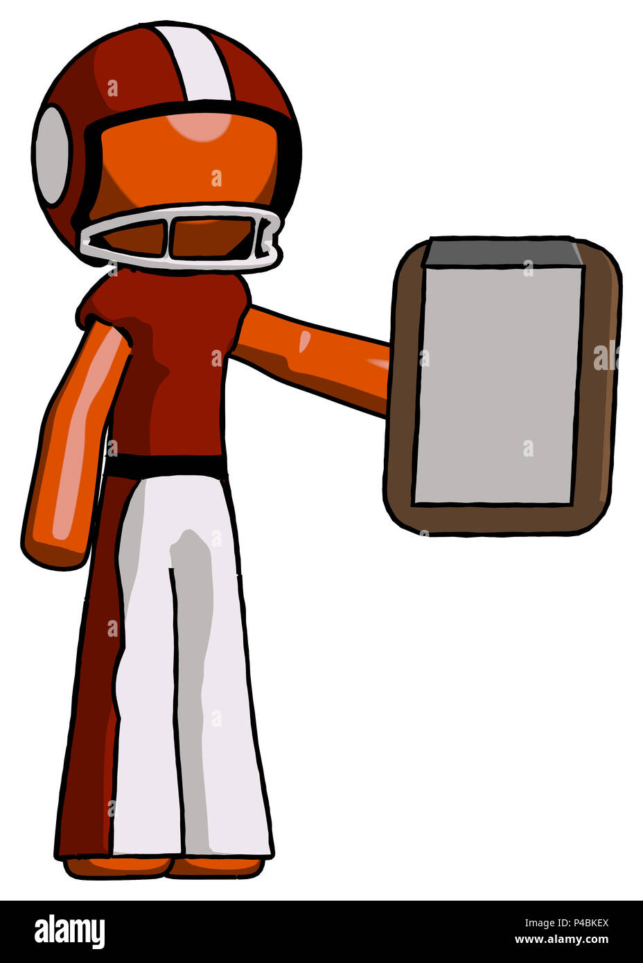 Orange Fußballspieler Mann mit Zwischenablage Viewer. Stockfoto