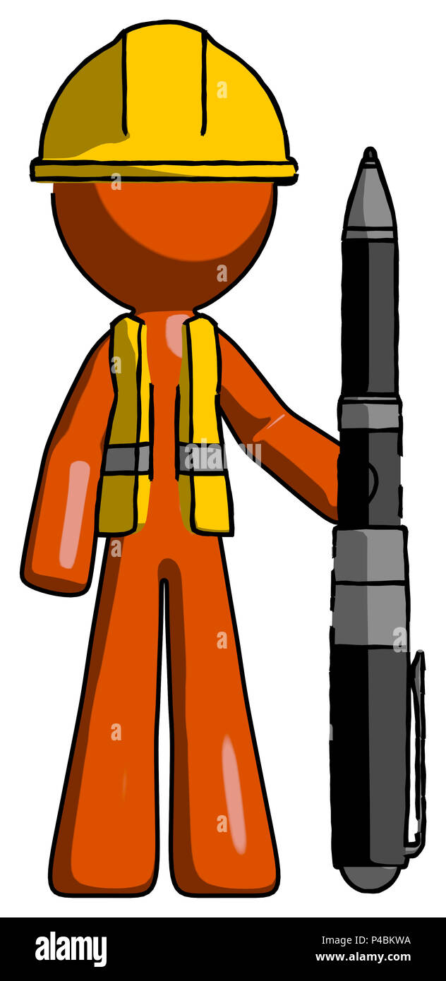 Orange Bauarbeiter Auftragnehmer Mann mit großen Pen. Stockfoto