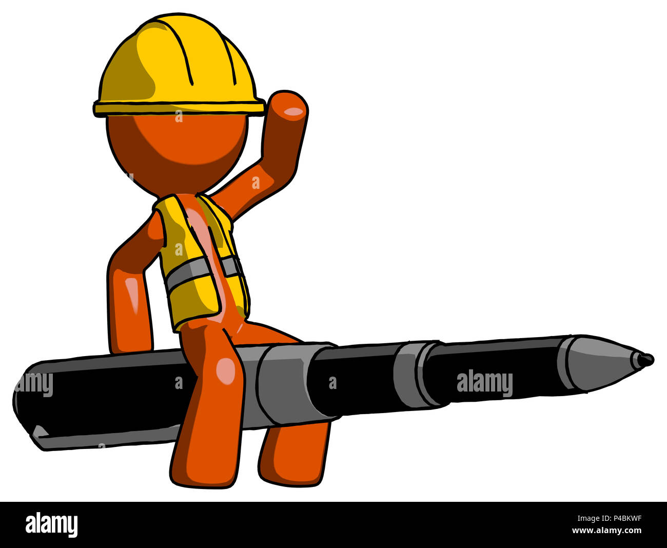 Orange Bauarbeiter Auftragnehmer Mann, eine Feder, die wie eine riesige Rakete. Stockfoto