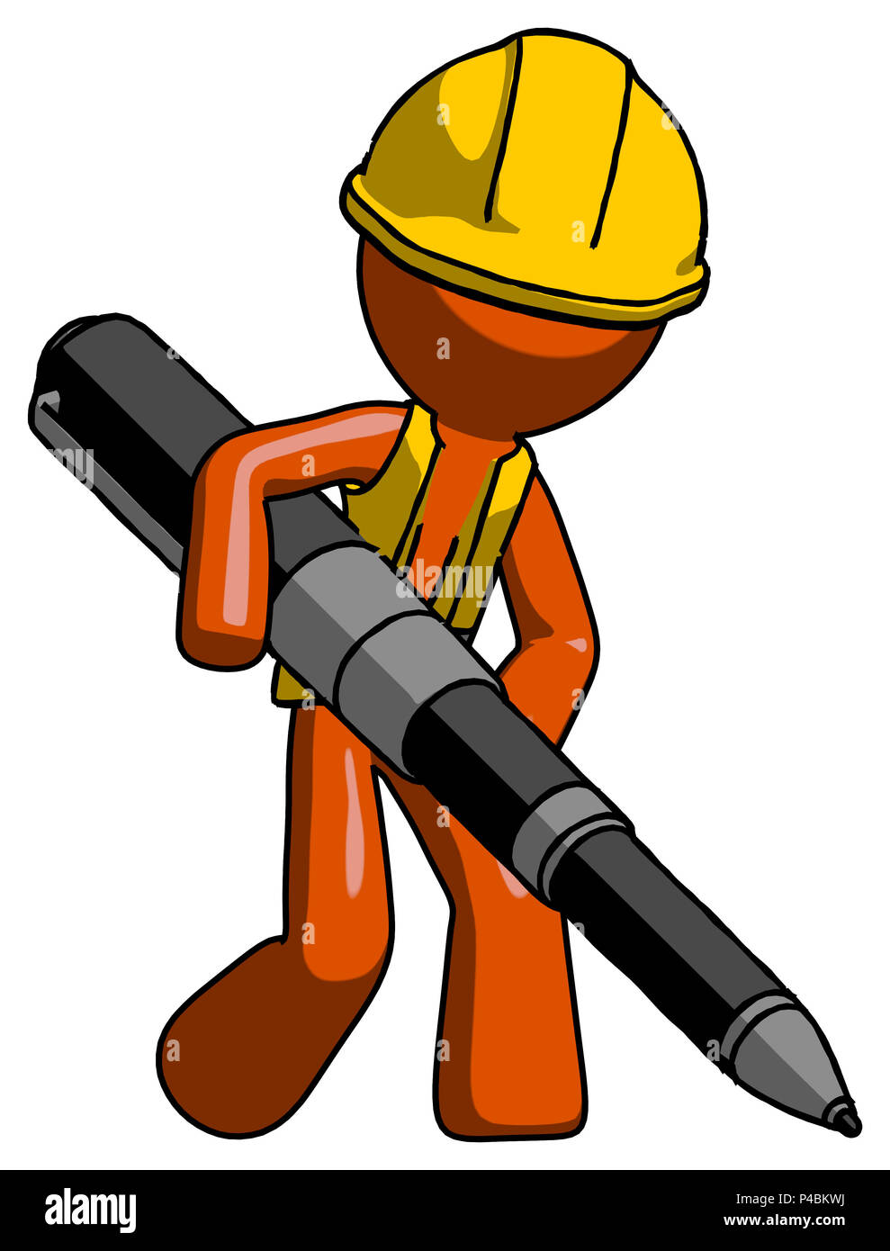 Orange Bauarbeiter Auftragnehmer Mann schreiben mit einem riesigen Pen. Stockfoto
