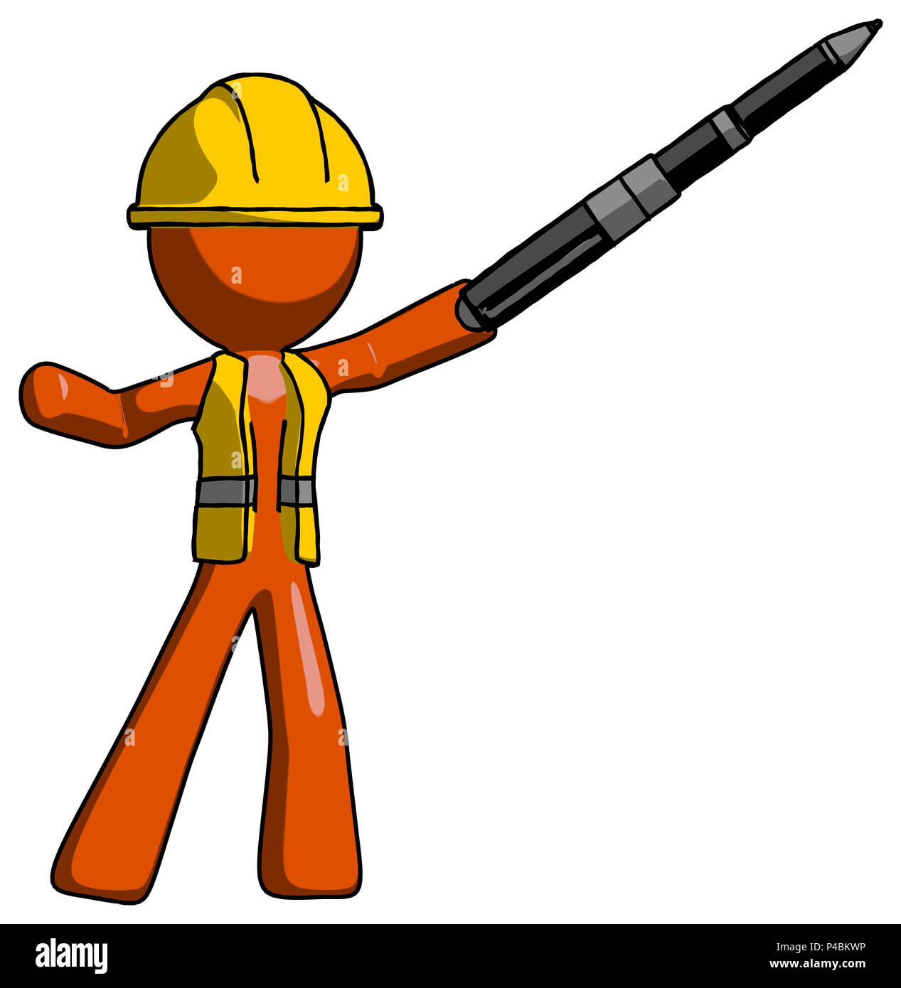 Orange Bauarbeiter Auftragnehmer Mensch zeigt, ja, die Feder mächtiger ist. Stockfoto