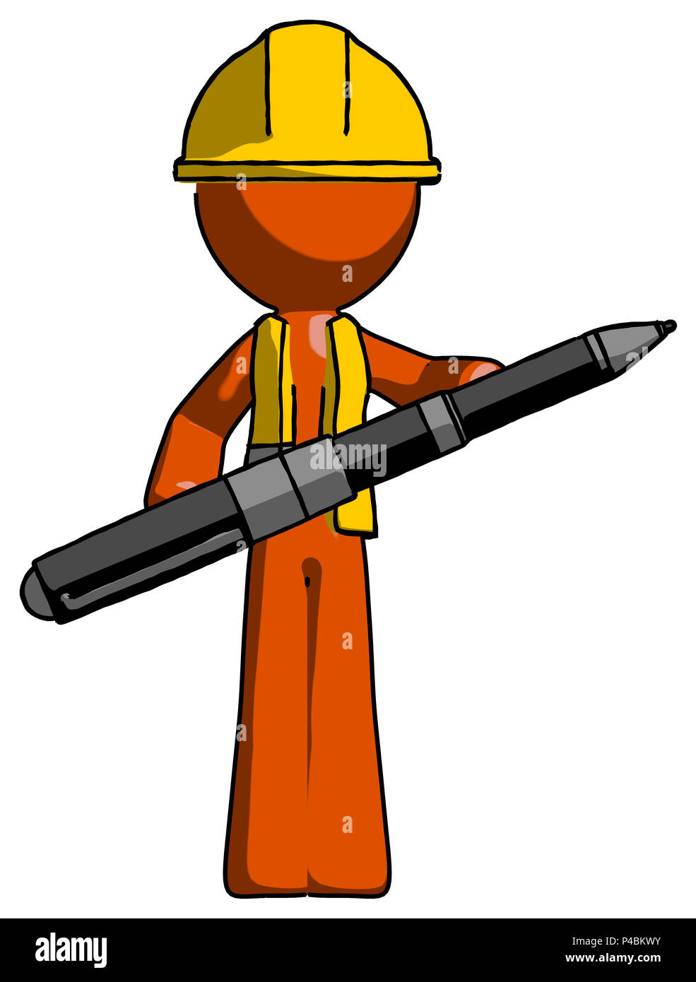 Orange Bauarbeiter Auftragnehmer man selbstbewusst und mit riesigen pen Posing hoffentlich bereit Giant prüfen zu unterzeichnen. Stockfoto