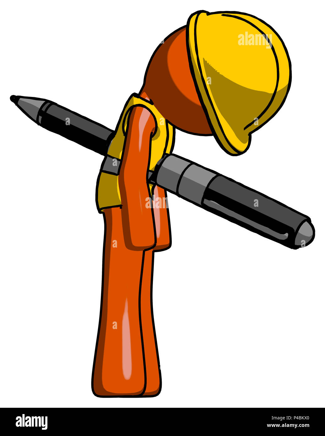 Orange Bauarbeiter Auftragnehmer Mann aufgespießt durch die Brust mit einem riesigen Pen. Stockfoto