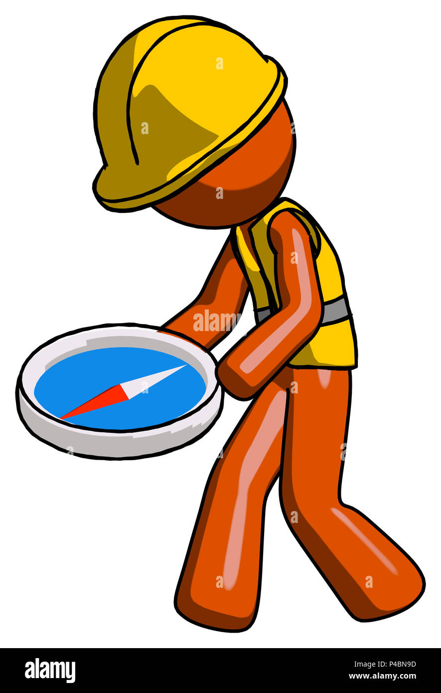 Orange Bauarbeiter Auftragnehmer Mann mit großen Kompass. Stockfoto