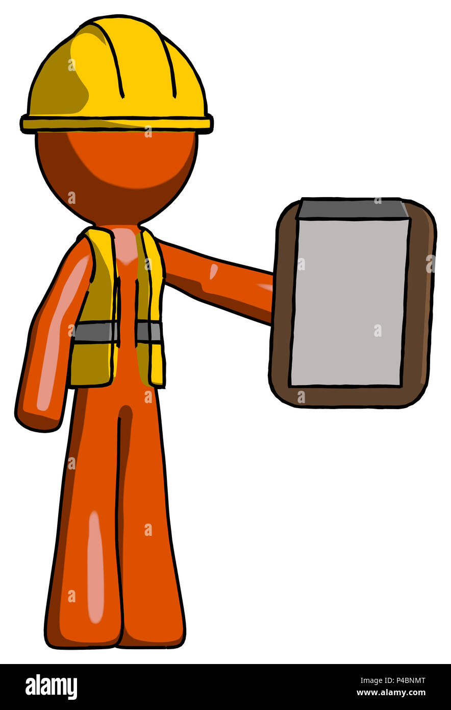 Orange Bauarbeiter Auftragnehmer Mann mit Zwischenablage Viewer. Stockfoto