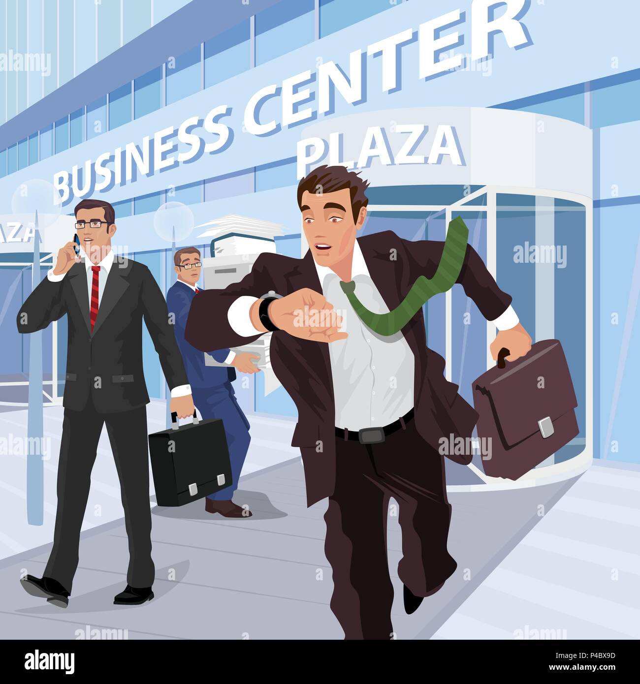 Mehrere beschäftigte Geschäftsleute in Anzügen in der Nähe der Business Center sind in verschiedenen Angelegenheiten tätig. Die geschäftigste Zeit des Arbeitstages. Vereinfachende reali Stock Vektor