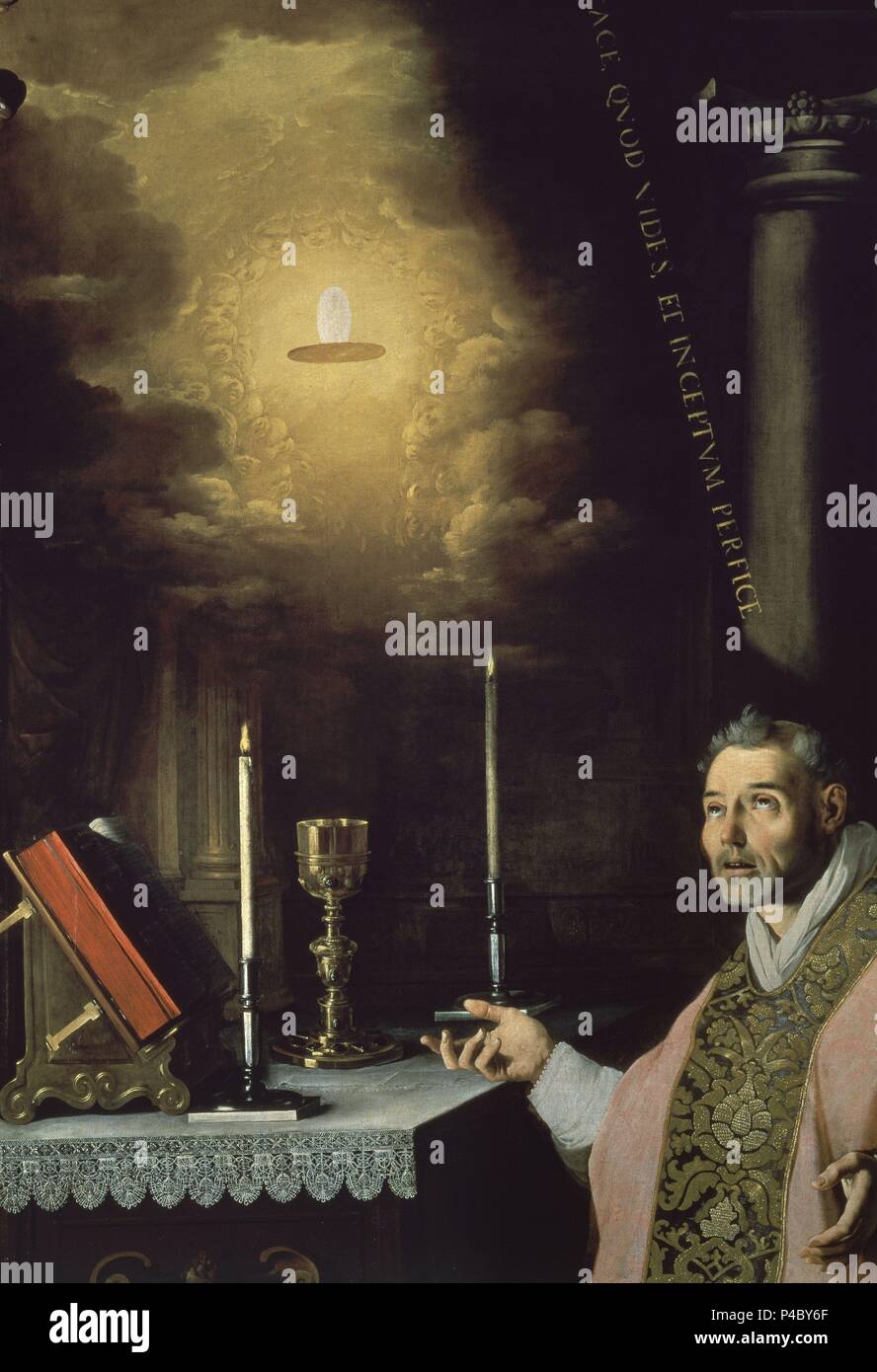 SACRISTIA-LA MISA DEL PADRE CABAÑUELAS - las mejores - SIGLO XVII - BARROCO - ESPAÑOL - ESCUELA SEVILLANA. Autor: Francisco de Zurbaran (C. 1598-1664). Lage: MONASTERIO - PINTURA, Guadalupe, Caceres, Spanien. Stockfoto