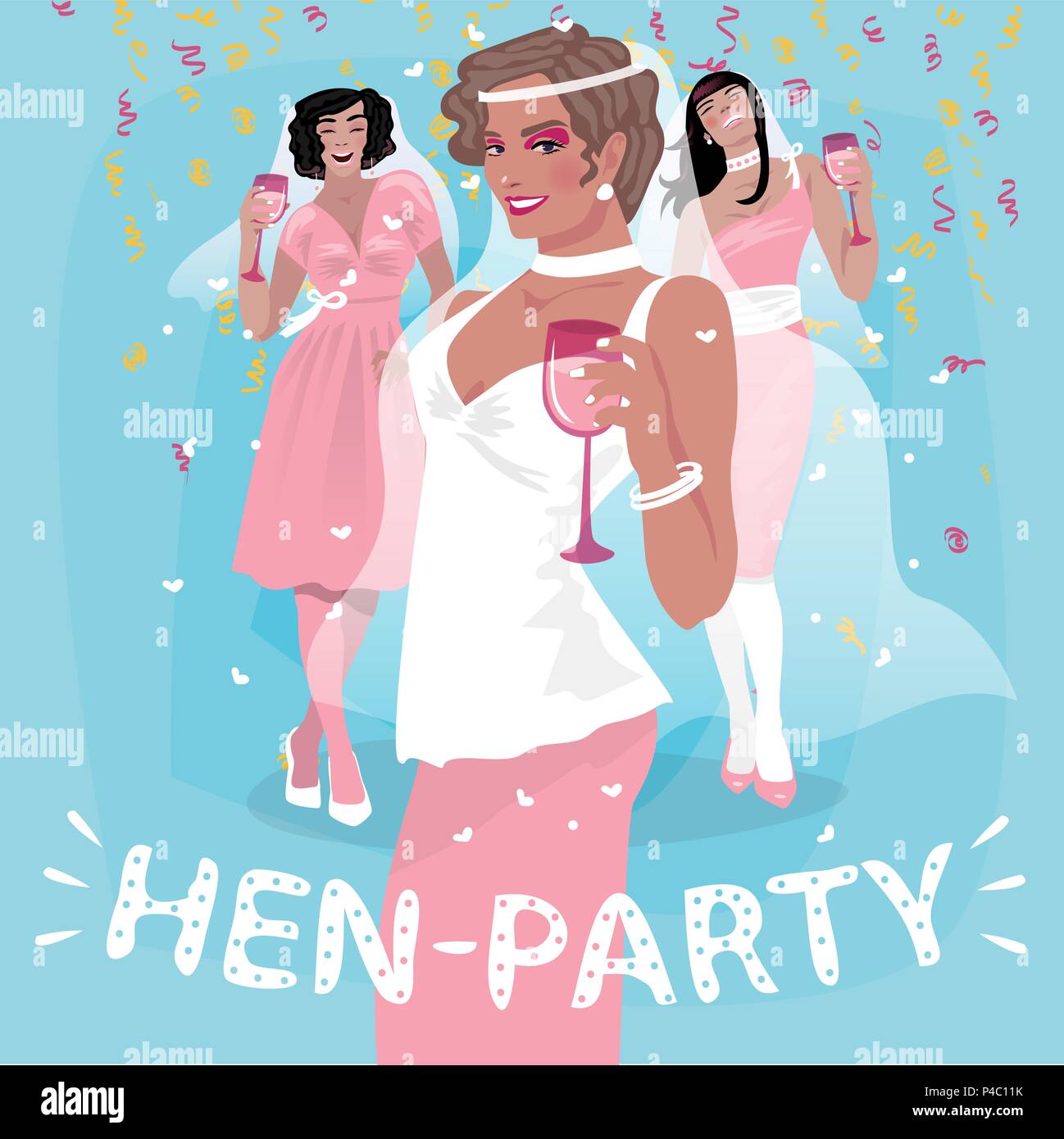 Drei attraktive junge Mädchen in rosa Brautkleider herzlich willkommen. Einladung zur Party oder Bachelorette Party Konzept Henne. Vereinfachende realistische Cartoon Art Stock Vektor