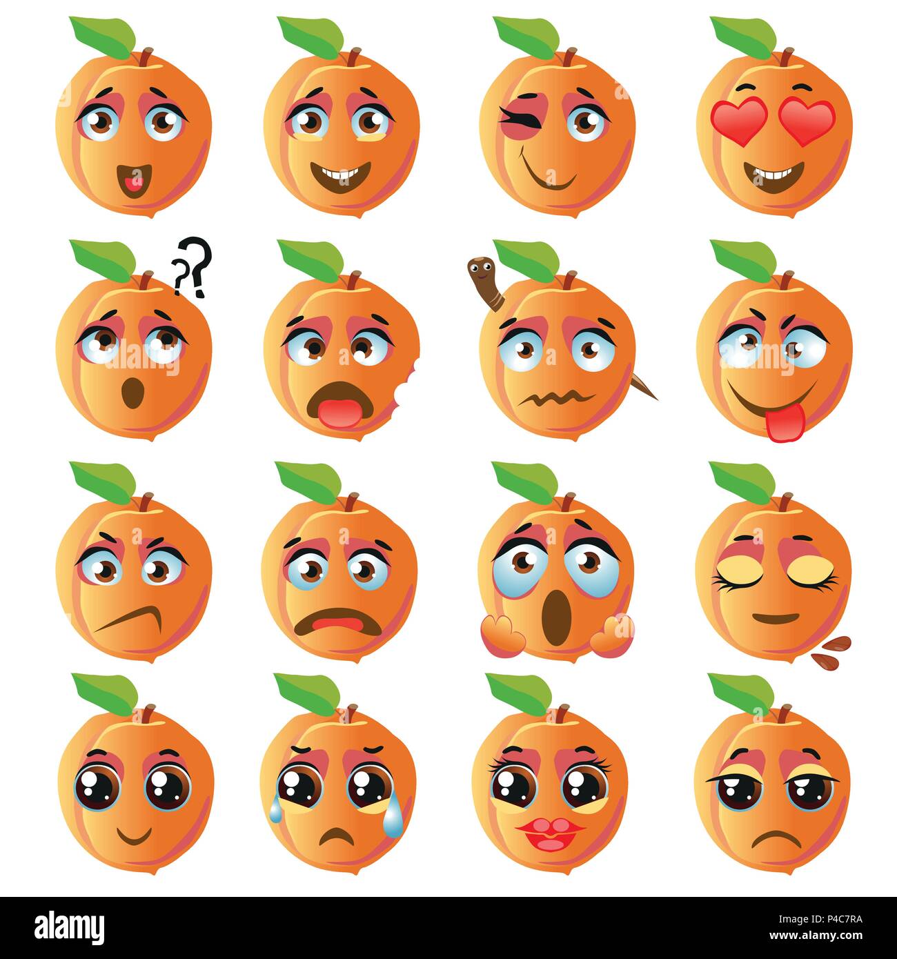 Der Vektor Aufkleber, emojis mit niedlichen Pfirsich Stock Vektor