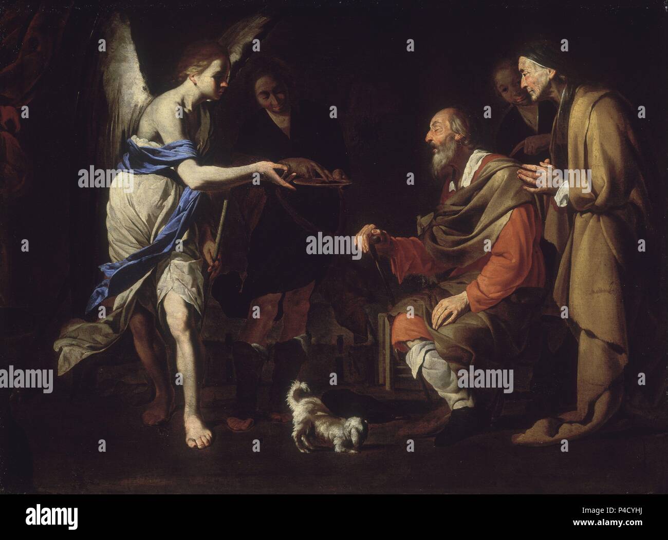 Die Heilung von Tobit von Tobias - 17. Jahrhundert - Öl auf Leinwand - 76 x 103 cm - italienischen Barock-NP3151. Autor: Bernardo Cavallino (C. 1616-1656). Lage: Museo del Prado - PINTURA, MADRID, SPANIEN. Auch als: LA CURACION DE TOBIAS bekannt. Stockfoto