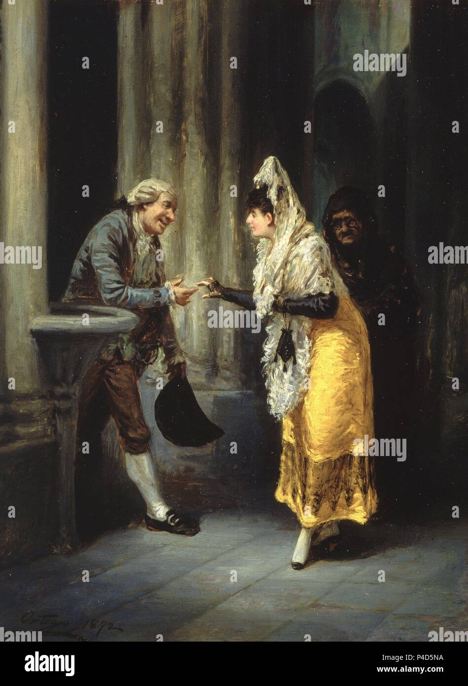 ESCENA GALANTE-1872-OLEO TABLA -40,5 x 32 cm. Autor: Francisco Ortego Vereda (1833-1881). Lage: DAS MUSEO NACIONAL DE BELLAS ARTES, La Habana, Kuba. Stockfoto