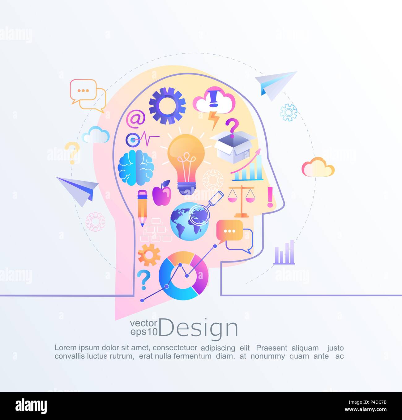 Kreative Infografik Konzept der großen Inspiration in unserem Gehirn mit Kopf Profil. Effektive denken. Verschiedene Zeichen und Symbole, Business Icons im flachen Stil, der auf eine große Idee führen. Vector Illustration. Stock Vektor