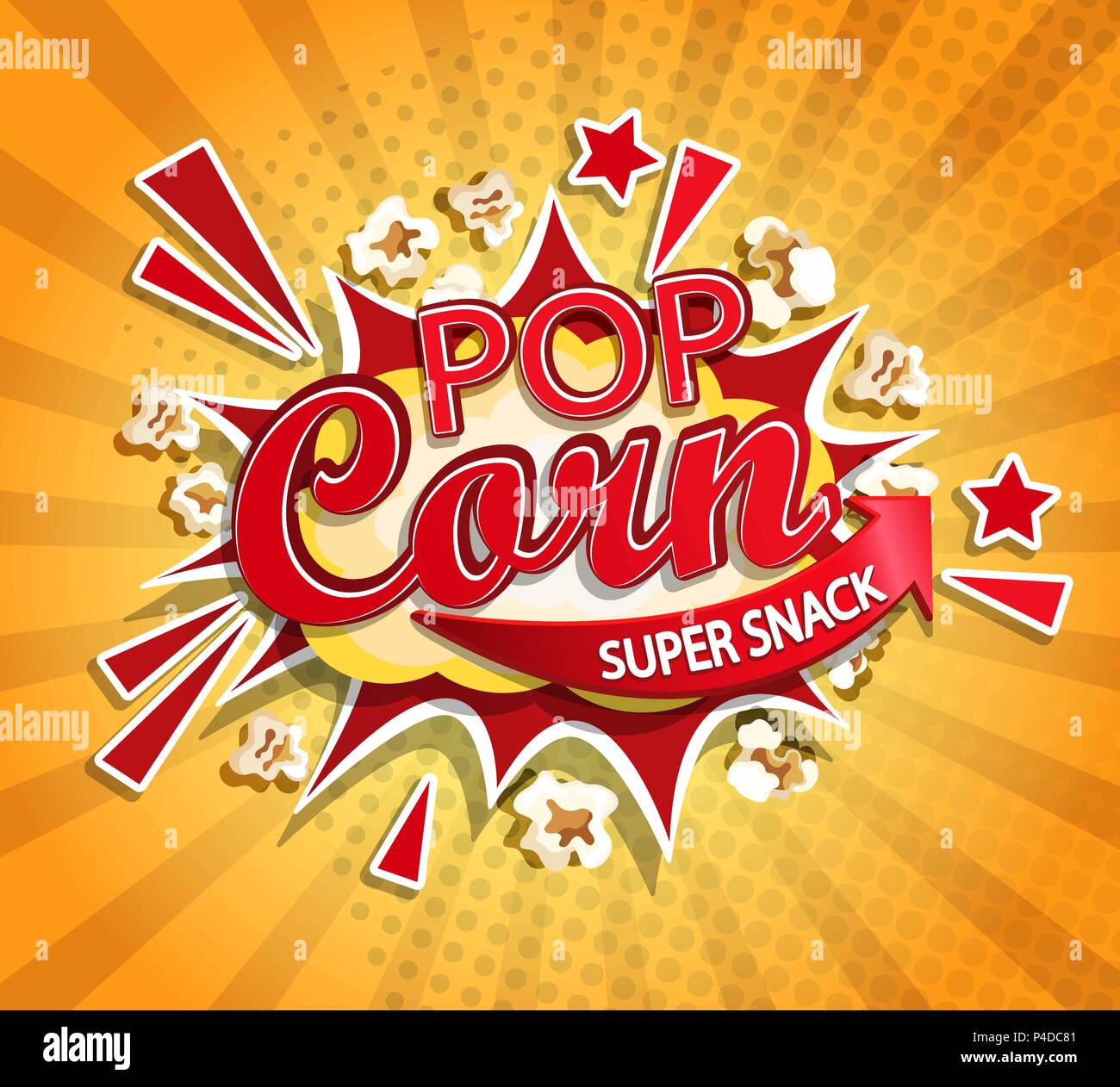 Explodierende label für Popcorn auf sunburst Hintergrund. Cartoon super Snack und nicht healhty fast food. Perfekt für Ihr Design für den Handel. Vector Illustration. Stock Vektor