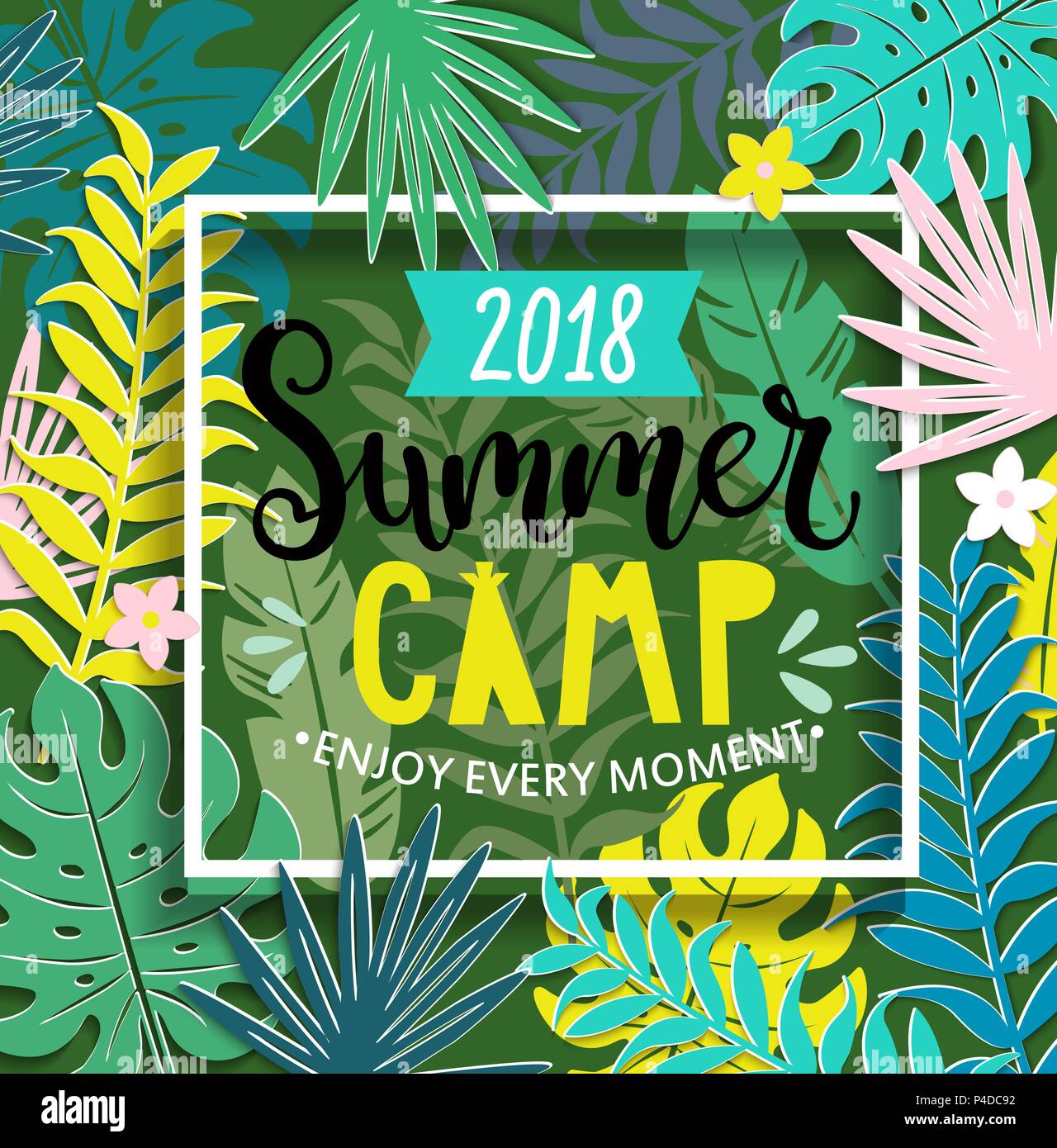 Sommercamp 2018 mit handdrawn Schriftzug in eckigen Rahmen auf Dschungel Hintergrund mit tropischen Blättern. Vector Illustration. Stock Vektor