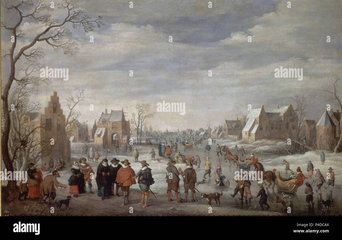 "Winterlandschaft mit Skater', 1629, niederländischer Barock, Öl auf Leinwand, 75 cm x 111 cm, P 02079. Thema: Joost Cornelisz Droochsloot (1586-1666). Lage: Museo del Prado - PINTURA, MADRID, SPANIEN. Stockfoto