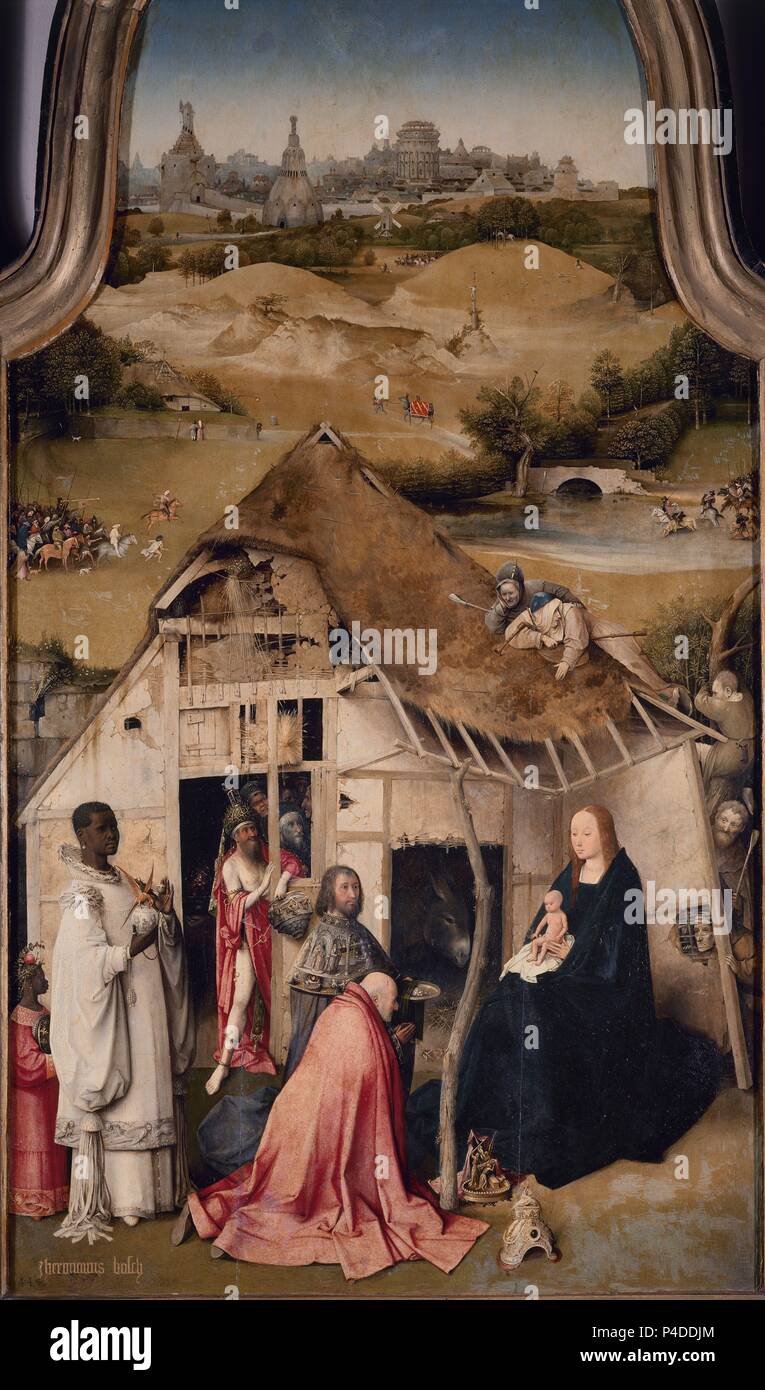 ADORACION DE LOS MAGOS - DET CENTRAL: PORTAL DE BELEN - KONJ 1306. Autor: Hieronymus Bosch (C. 1450-1516). Lage: Museo del Prado - PINTURA, MADRID, SPANIEN. Stockfoto