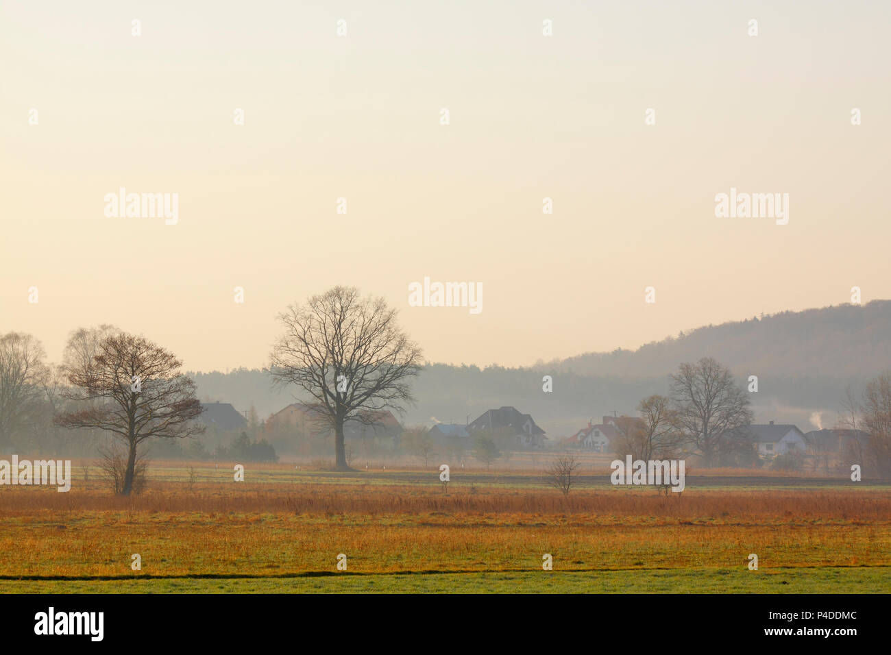 Dunstiger morgen über das Dorf. Polen, das Heilige Kreuz Berge. Stockfoto