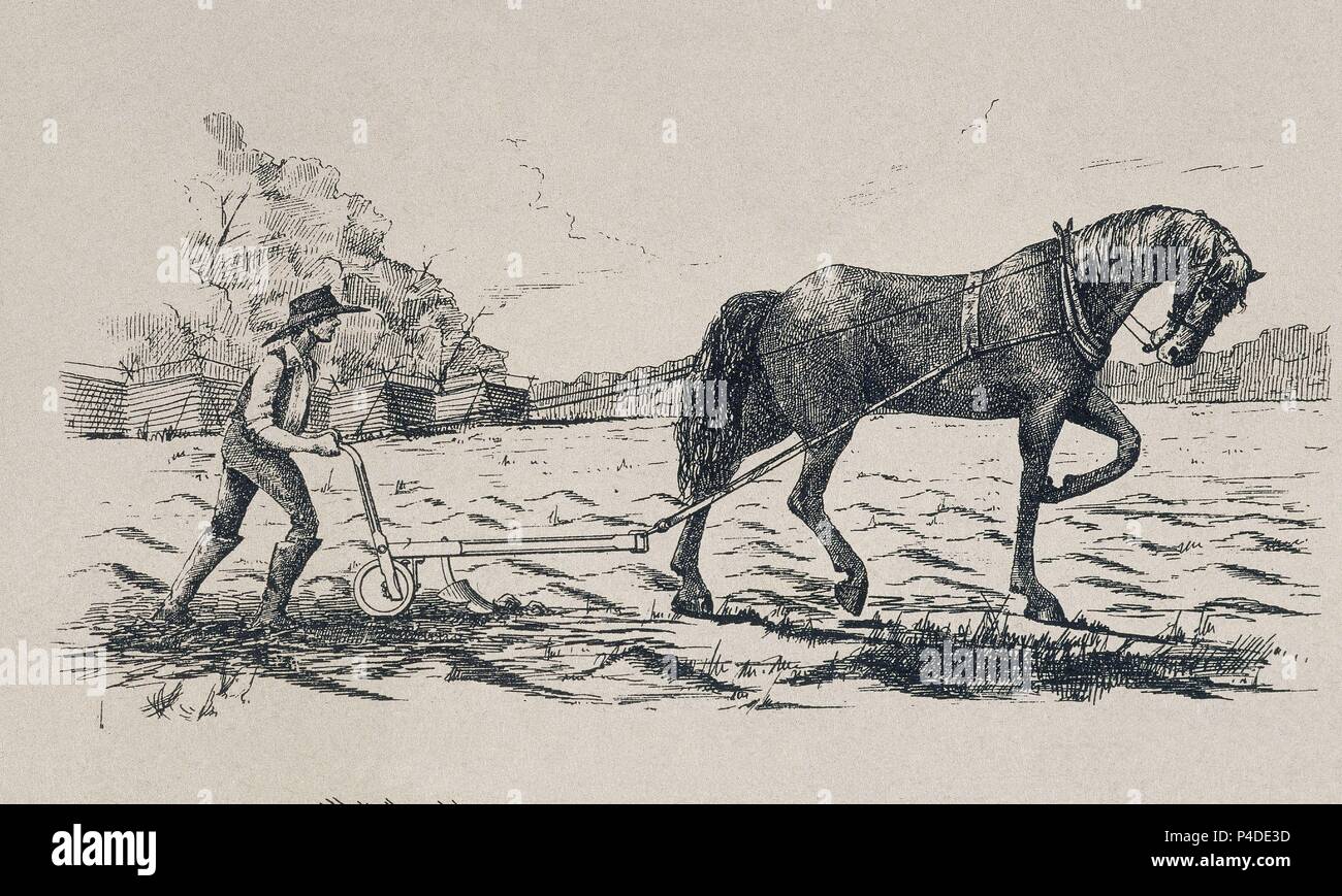 GRABADO - MAQUINA DE APORCAR (CUBRIR CON TIERRA) 1837 - USA. Stockfoto