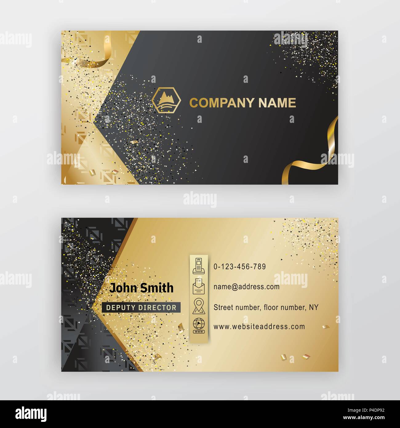 Business Card. Schwarzes Gold Hintergrund mit Logo, dünne Symbole. Luxus Hintergrund Stock Vektor