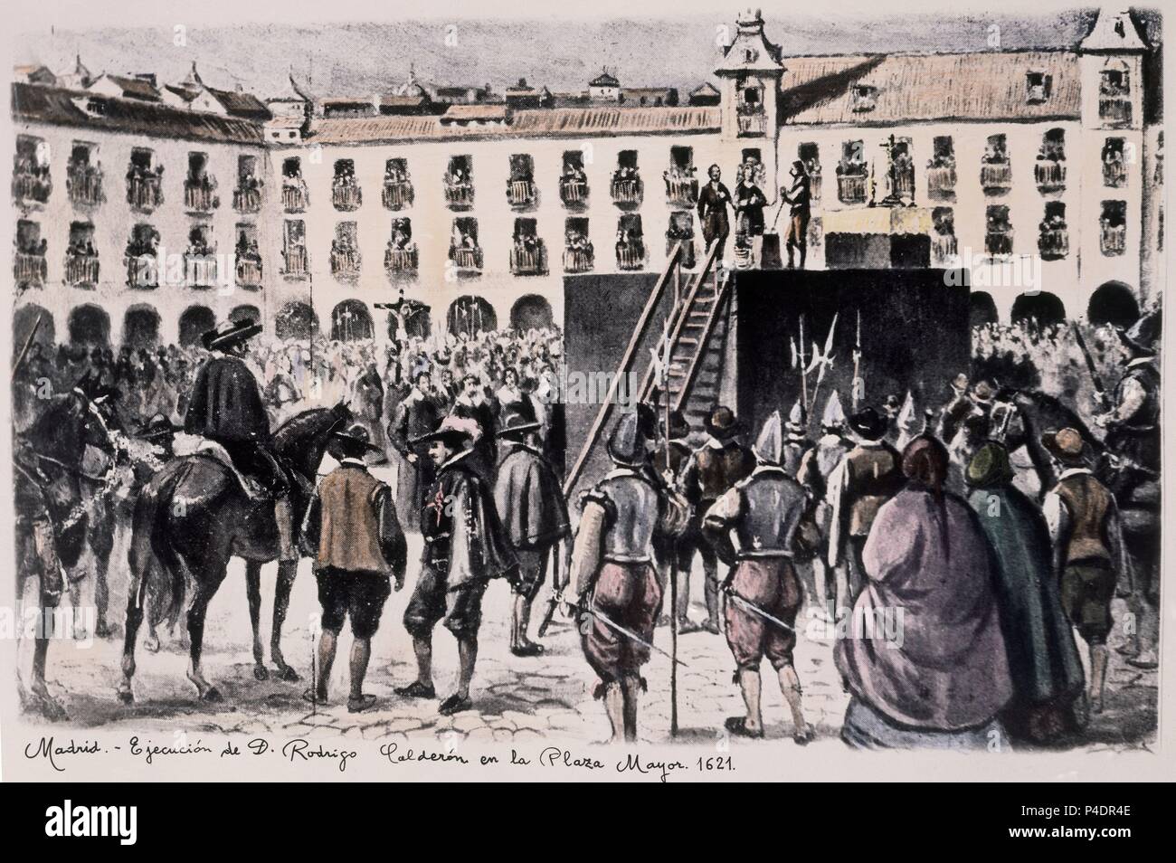 EJECUCION DE RODRIGO CALDERON DE LA PLAZA MAYOR DE MADRID - (CASARIEGO) 7 de Enero 1621 - GRABADO. Lage: MUSEO DE HISTORIA - GRABADOS COLOREADOS, SPANIEN. Stockfoto
