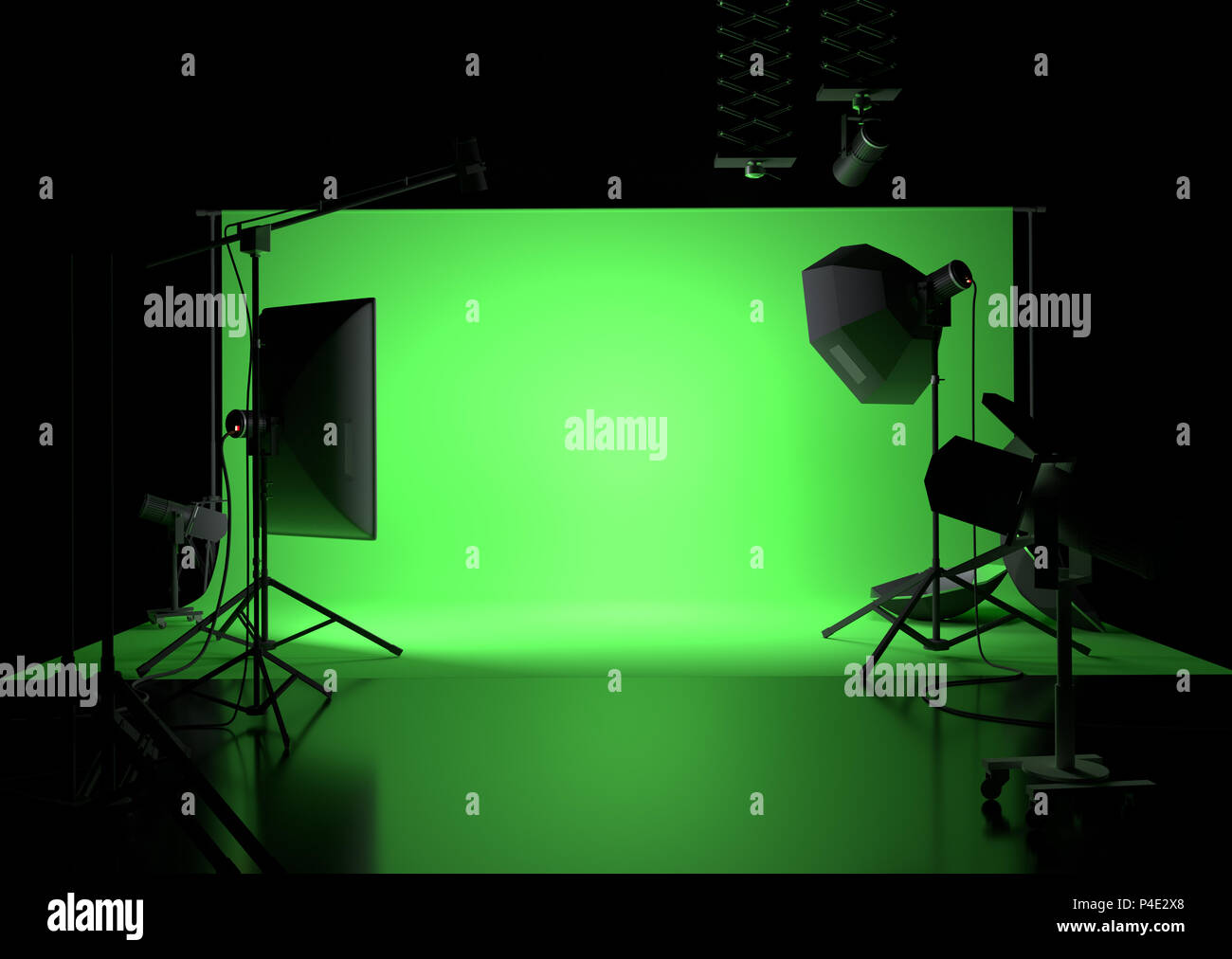Eine grüne Anzeige Fotostudio Hintergrund mit Beleuchtung. 3D-Darstellung Stockfoto