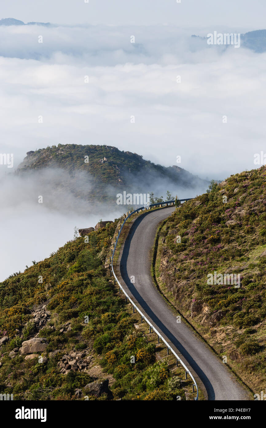Geschwungene Bergstraße im Nebel, peneda-geres National Park, Portugal Stockfoto