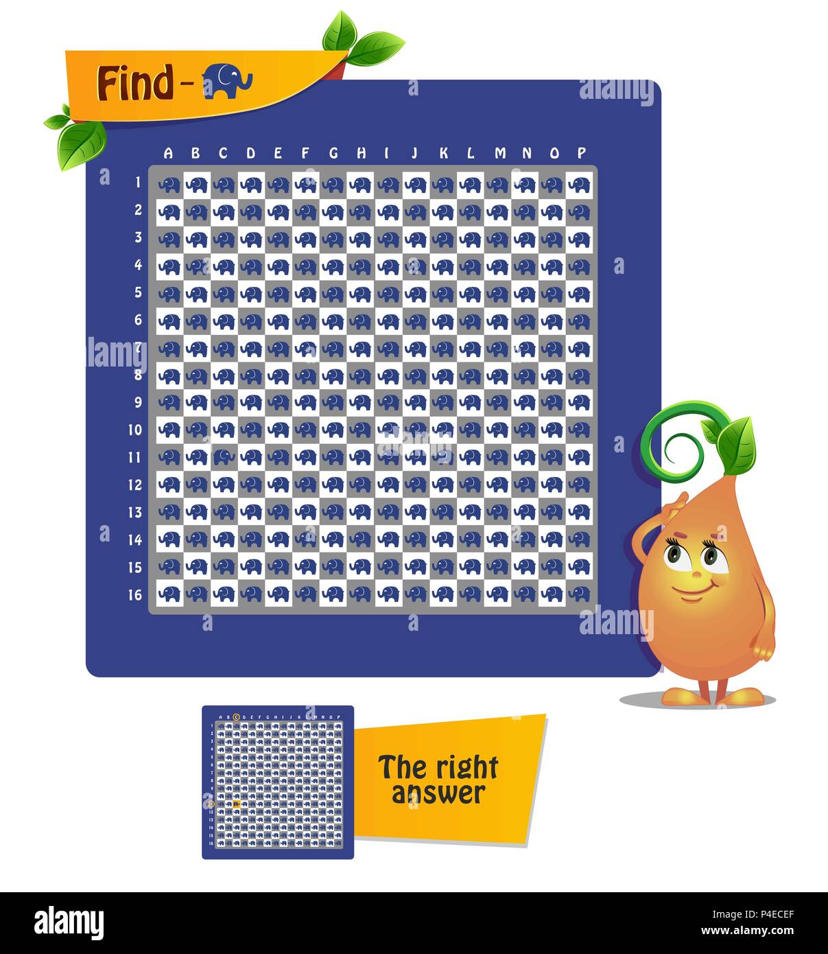 Lernspiel für Kinder und Erwachsene. Spiel Konto, Beobachtung, iq. Finden elephant Stock Vektor
