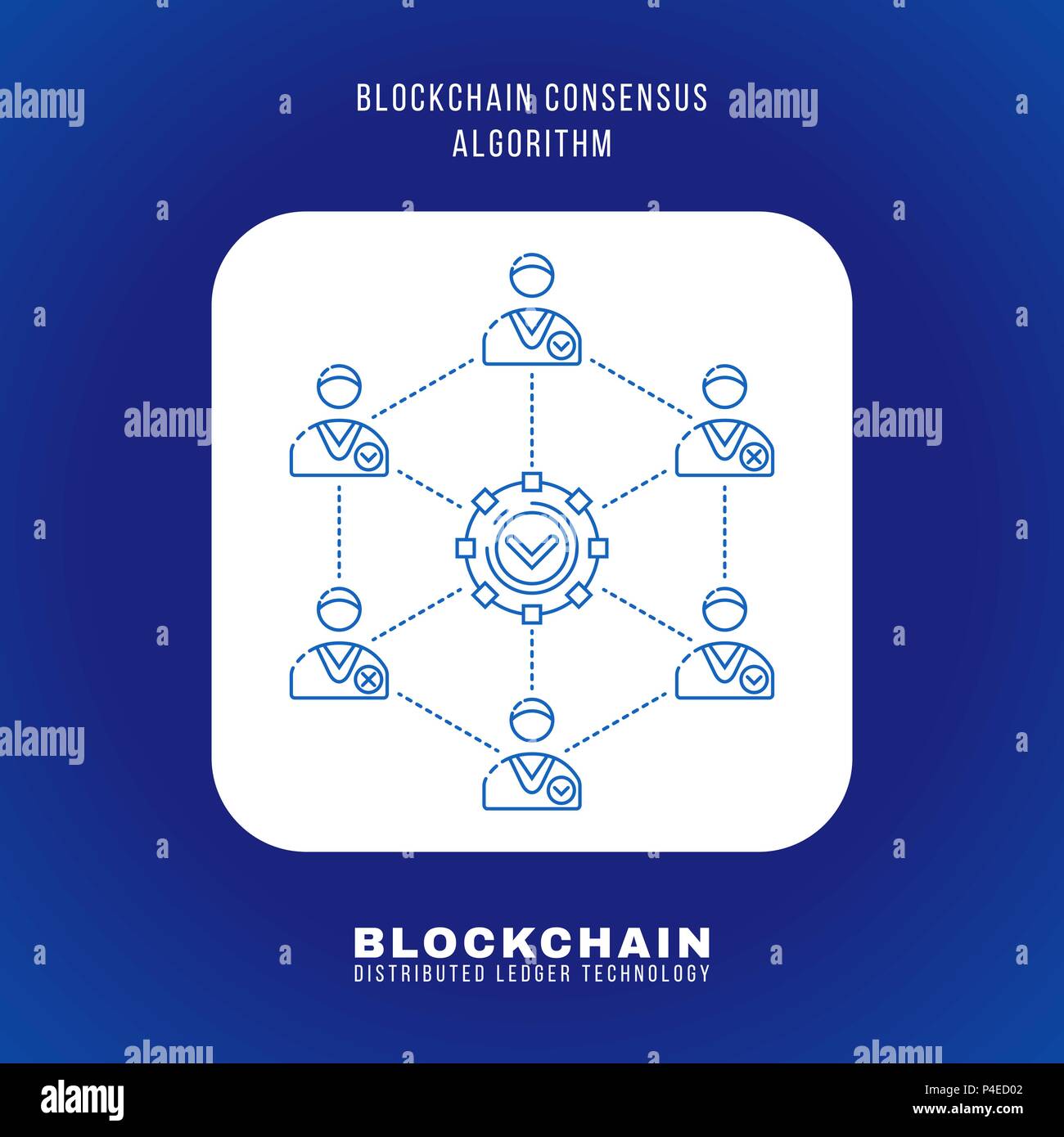 Vektor Grobentwurf blockchain Konsens Algorithmus Prinzip erklären Schema Abbildung: weißes Quadrat mit abgerundeten Ecken Symbol isoliert blauer Hintergrund Stock Vektor