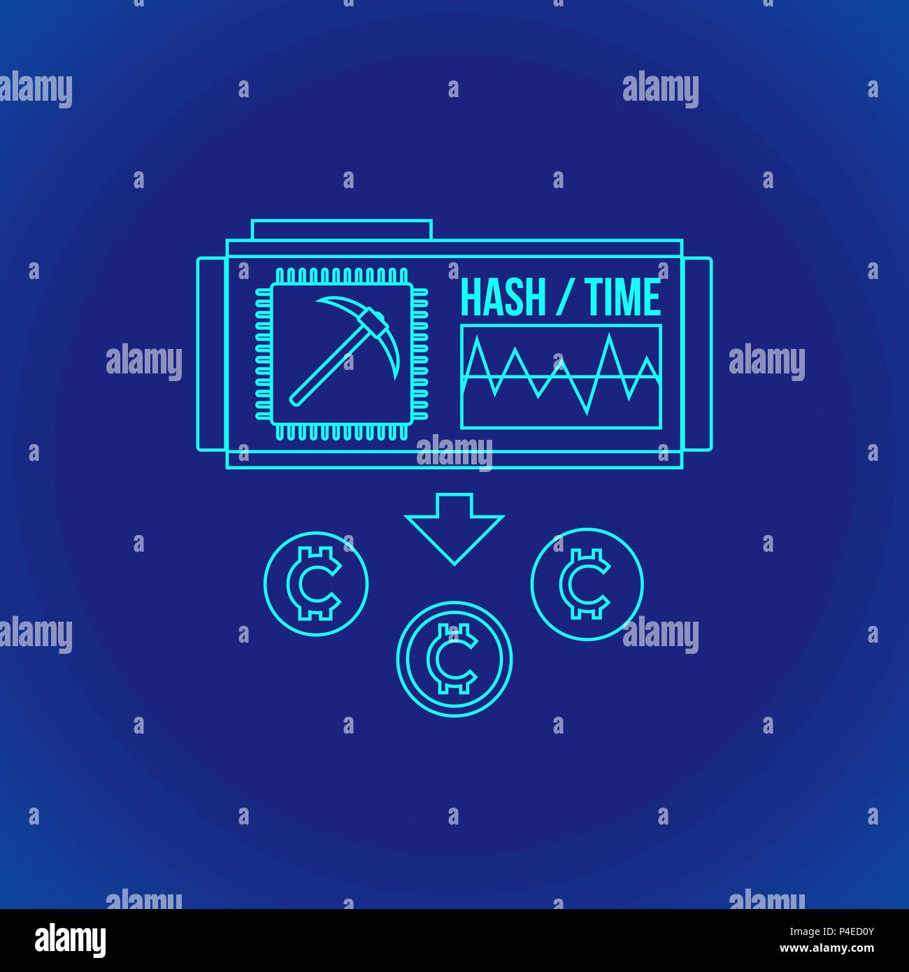 Vektor cyan Grobentwurf blockchain Nachweis der Arbeit Algorithmus cryptocurrency POW Bergbau Prinzip erklären Schema Abbildung Symbol isoliert Blau hinterg Stock Vektor